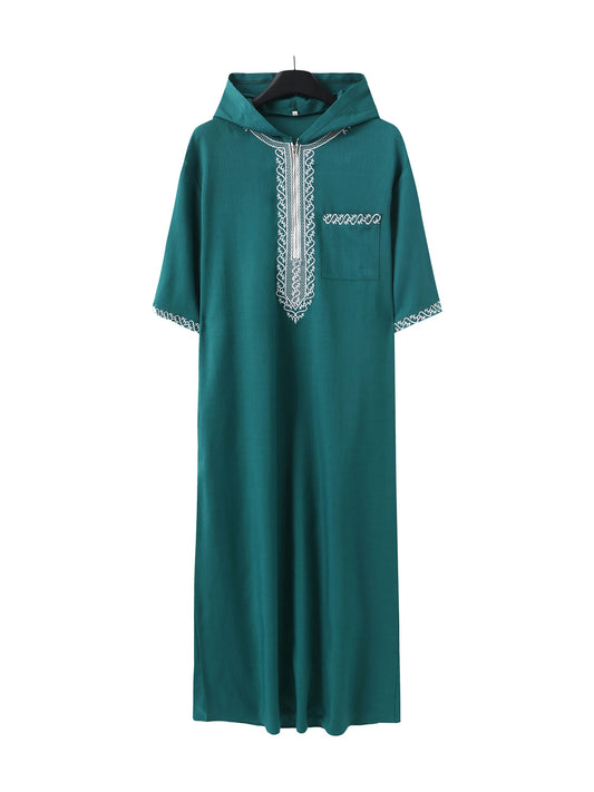 Short-sleeved, hooded, embroidered Muslim pocket Thobe, casual Arab style, traditional Gandoura prayer festival clothing for men