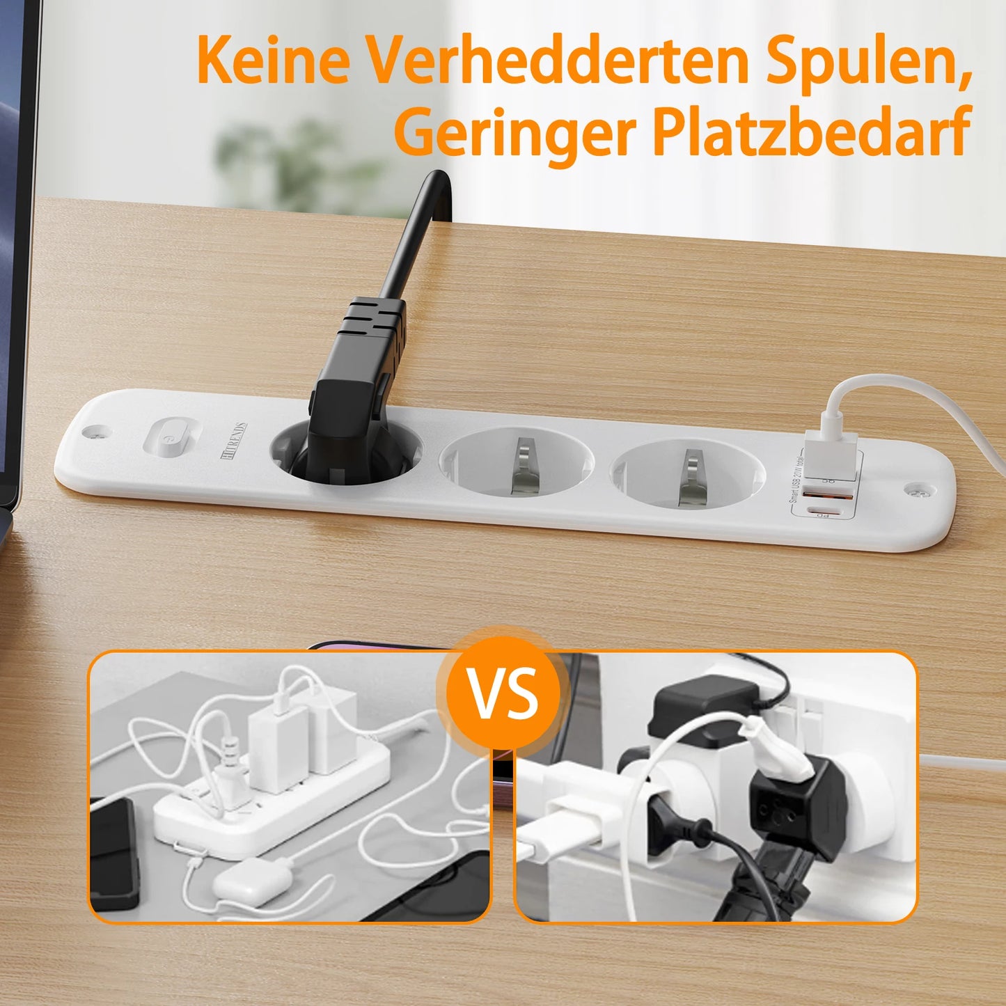 EU-Steckdosenleiste für den Schreibtisch, 3/4-fach + 4 USB-Smart-Schnellladeports, Hauptschalter, 2 Meter Feder-Verlängerungskabel
