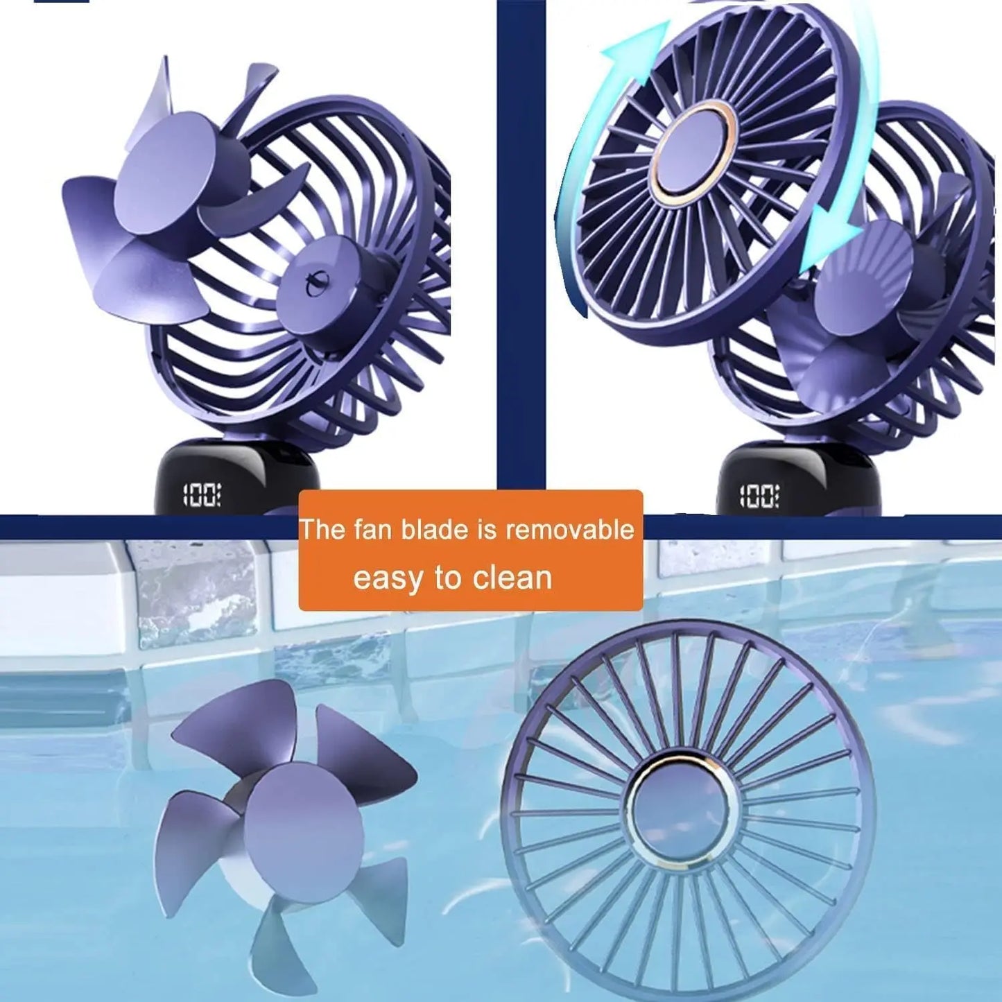 Mini ventilateur portable 3000 mAh pliable, à poser sur un bureau, à suspendre autour du cou, 5 vitesses, rechargeable par USB, support de téléphone, écran d'affichage