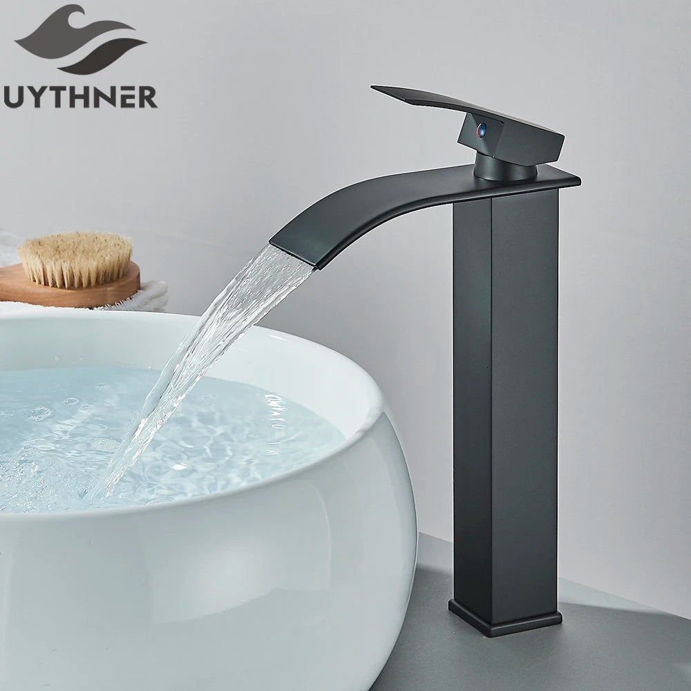 Robinet de Lavabo Doré Brossé, Élégant Robinet Cascade pour Salle de Bain, Mitigeur Monocommande en Laiton à Fixation sur Plan