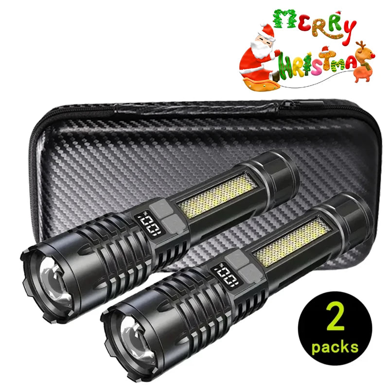 Powerful LED Flashlight Type C Rechargeable Waterproof Torch with Side Light 5 Modes Zoomable Lamp for Camping Fishing Lantern