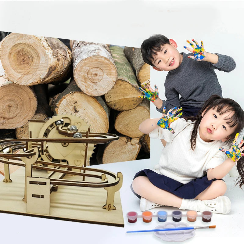 3D Holzpuzzle Murmelbahn Set DIY Aufbau Baukasten STEAM-Engine Lernspielzeug für Erwachsene Kinder Geburtstagsgeschenke