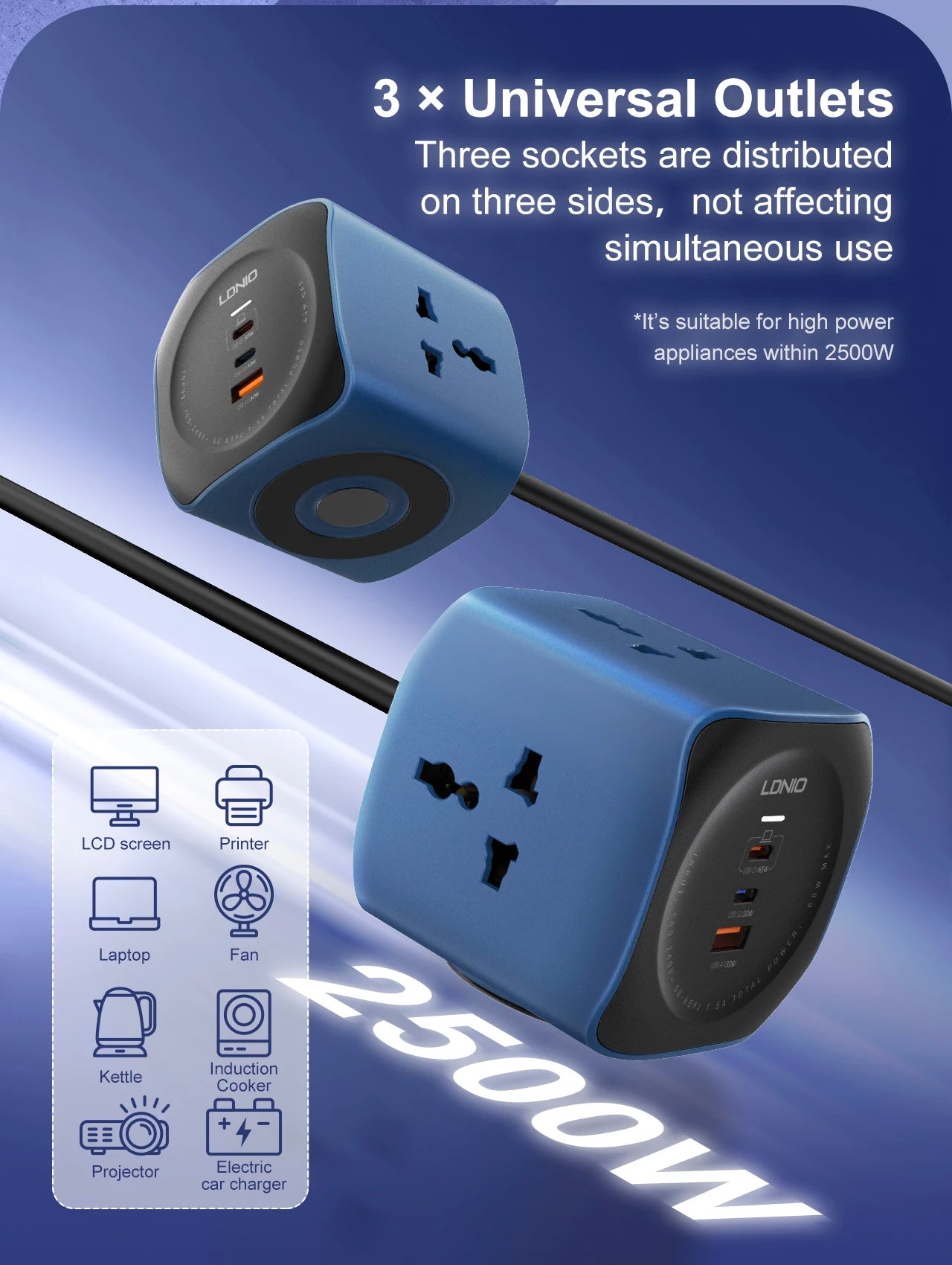 Multiprise cube LDNIO 3 prises universelles avec 3 ports USB 65W, protection contre les surtensions 2500W, cordon d'extension de 2m (fiche UK/EU/US) et interrupteur
