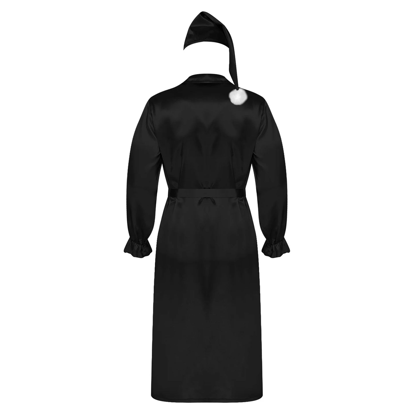 Herren Sissy Pyjama Satin-Nachtwäsche Nachthemd mit Schlafhaube Langarm Rüschenmanschetten Plissierter Brustumhang mit Gürtel Vintage