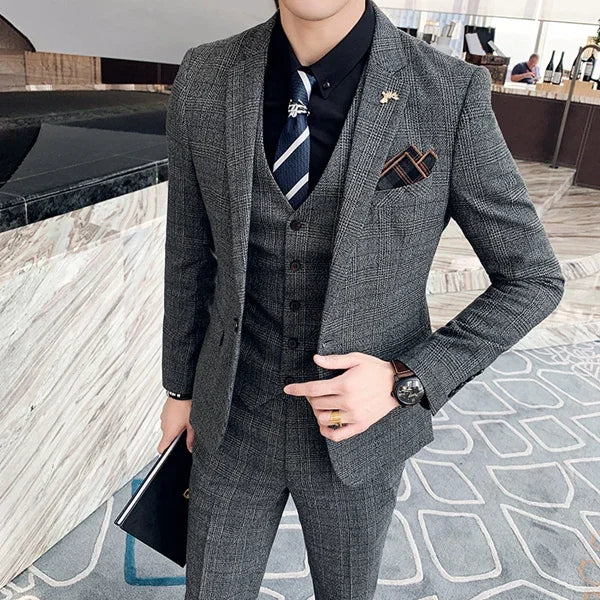 S-7XL (Jacke+Weste+Hose) Mode-Boutique Gitter Anzug Formeller Business Herren Anzug 3-teiliges Set Bräutigam Hochzeitskleid Karierter Anzug Showbühne