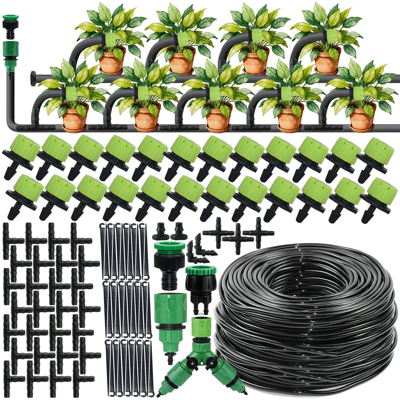 Kit d'irrigation goutte à goutte pour jardin 5-30M Tuyau 1/4'' Système d'arrosage automatique Économie d'eau portable réglable pour plantes et fleurs de serre
