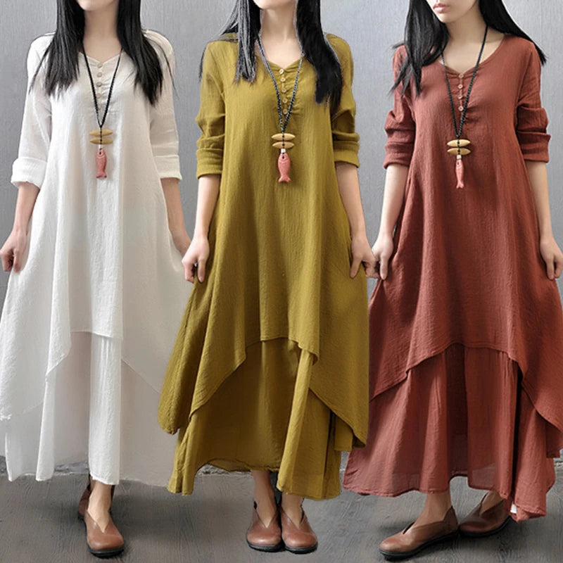 Damen Elegante Leinen-Ingwerkleider Böhmen Layering Vintage Robe Langarm Lockeres langes Kleid Weibliche Herbst Vestidos