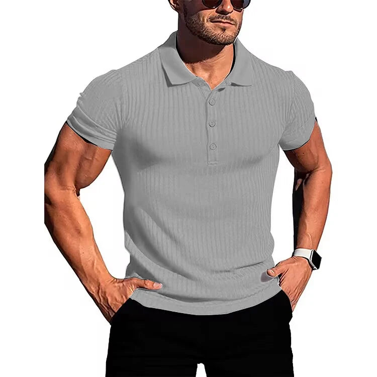 Herren Lauf-Sport-Fitnessbekleidung Sommer hochelastisches, vertikales Kurzarm-Polo-Shirt schlankes Strick-Basis-Shirt