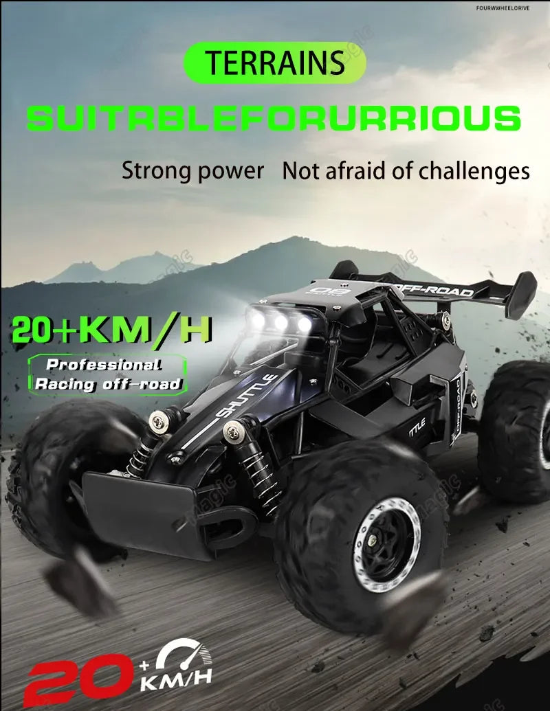 DK087 Voiture RC Tout-terrain 20KM/H 2WD Télécommandée 1:16 Coque Métal Phares LED Voiture Jouet RC pour Cadeaux