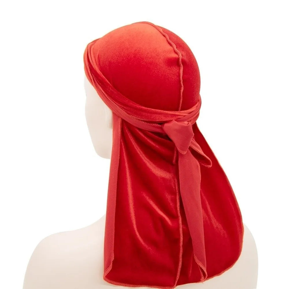 Nouveaux Durags en Velours Casquettes Longue Queue Chapeau Turban Respirant Bandeau Élastique Réglable Accessoires pour Cheveux