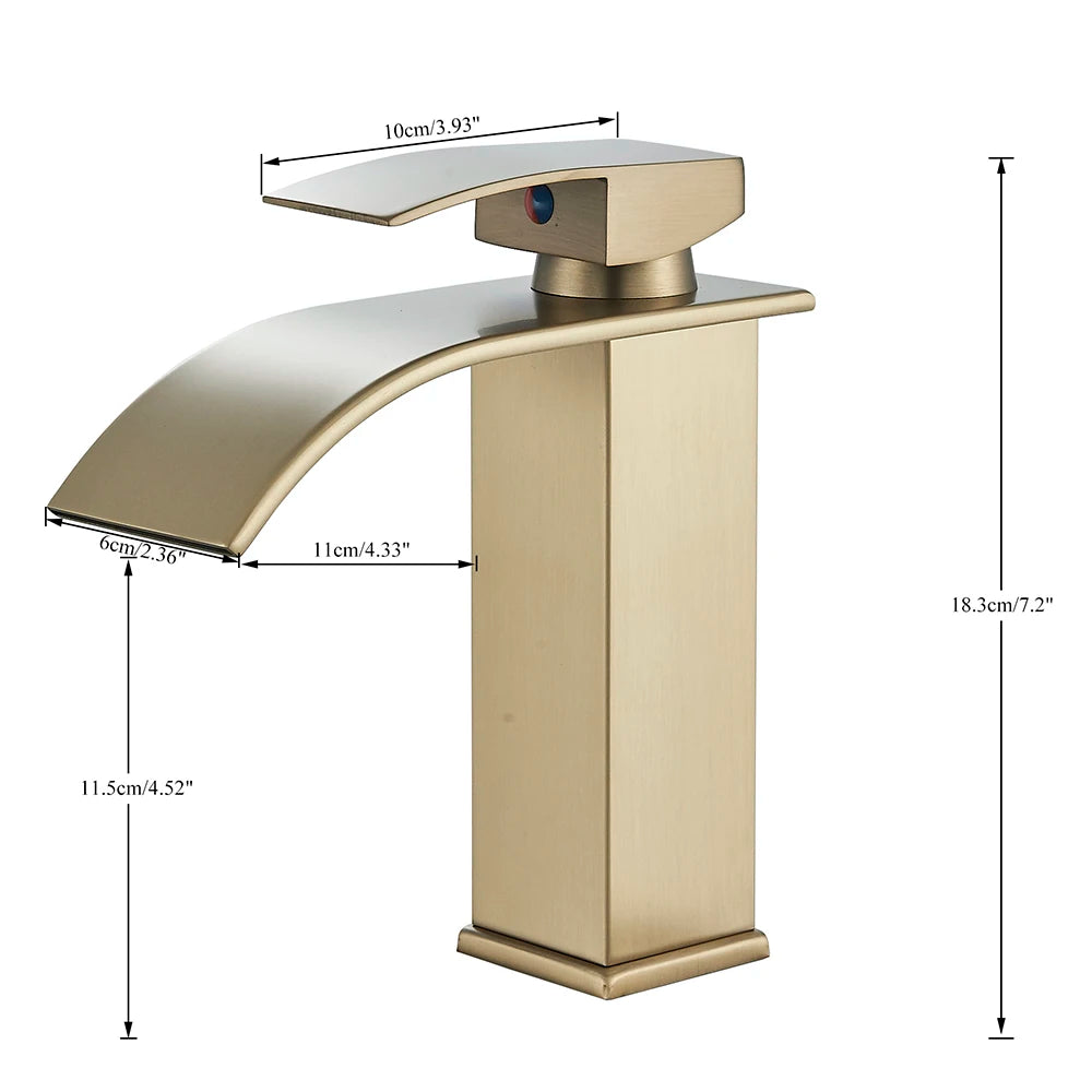 Robinet de Lavabo Doré Brossé, Élégant Robinet Cascade pour Salle de Bain, Mitigeur Monocommande en Laiton à Fixation sur Plan