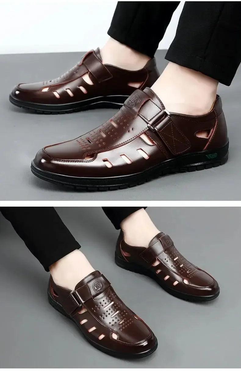 Sandales Homme en Cuir Véritable Chaussures Décontractées Respirantes d'Été pour Homme Sabots à Enfiler Extérieur Antidérapantes Faites à la Main Sandales