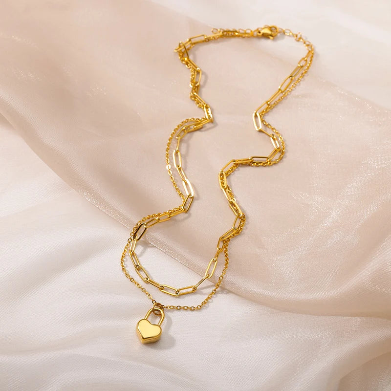 Colliers multicouches en forme de cœur pour femmes, en acier inoxydable, couleur or, pendentif œil maléfique, chaîne ras du cou, bijoux de mariage, cadeau