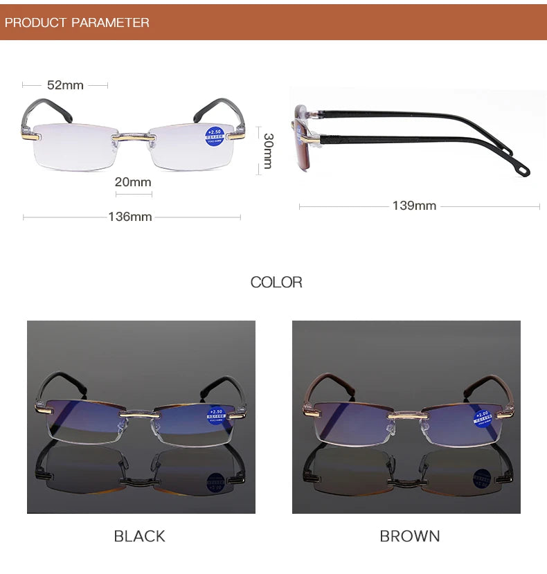 Lunettes de lecture anti-lumière bleue pour femmes, monture sans bords à découpe diamantée, pour hommes, anti-fatigue, hypermétropie, presbytie +1,5