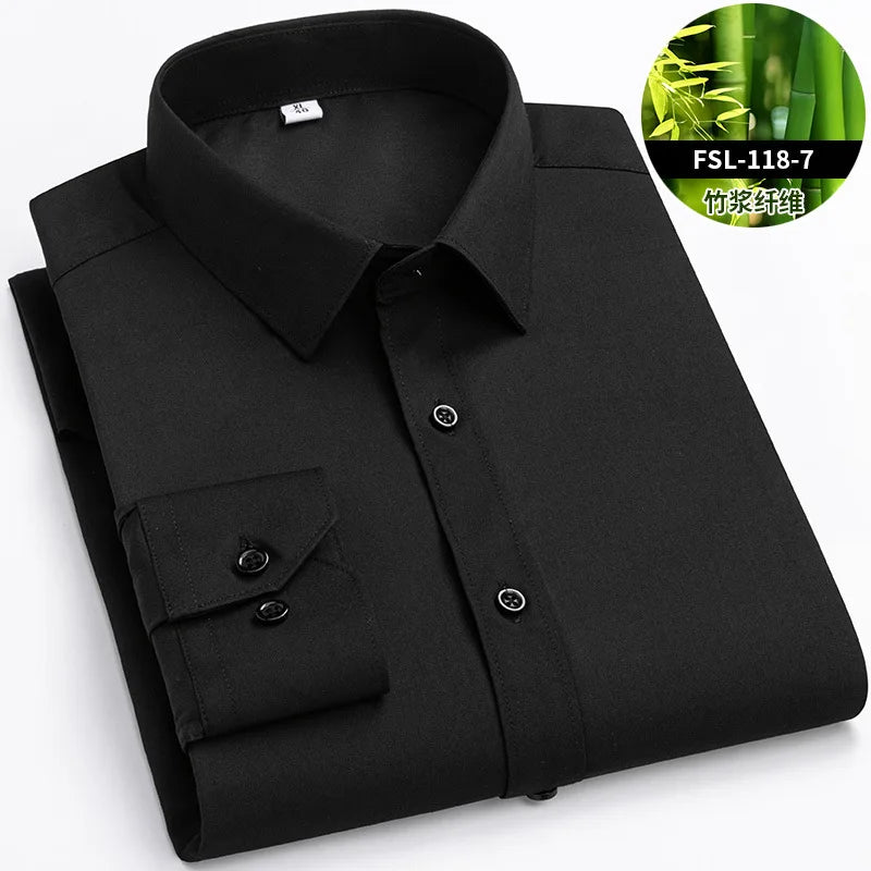 Chemise de Travail Blanche Homme en Fibre de Bambou Bleue 8XL Manches Longues Bureau Affaires Anti-rides Infroissable Décontractée