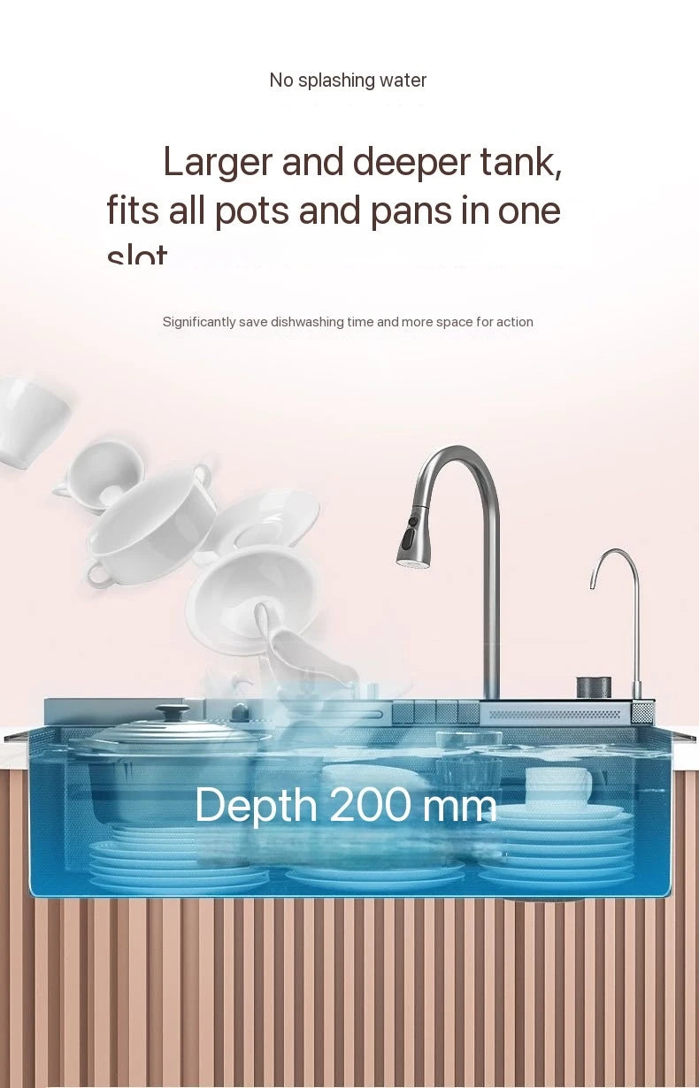 Integrated Waterfall Kitchen Sink Honeycomb Technology Large Digitial Display Stainless Steel Soap Dispenser Cup Washer