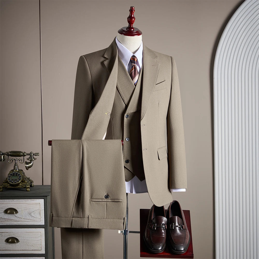 Ensemble de costume trois pièces en laine haut de gamme pour homme, élégant et décontracté, de couleur unie, idéal pour banquets et mariages.