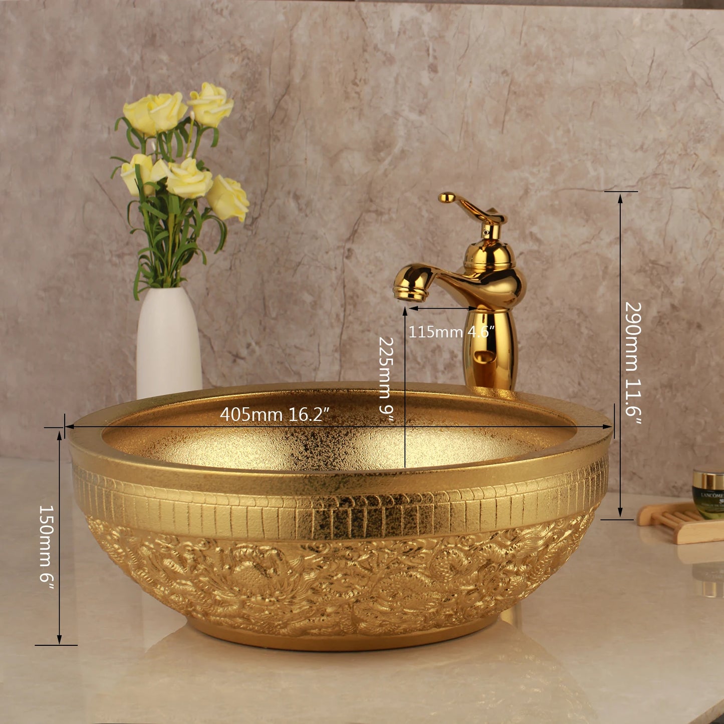 Lavabo de salle de bain KEMAIDI en céramique doré avec robinet Lavabos de salle de bain en porcelaine à poser sur le comptoir Lavabos de luxe pour salles de bain