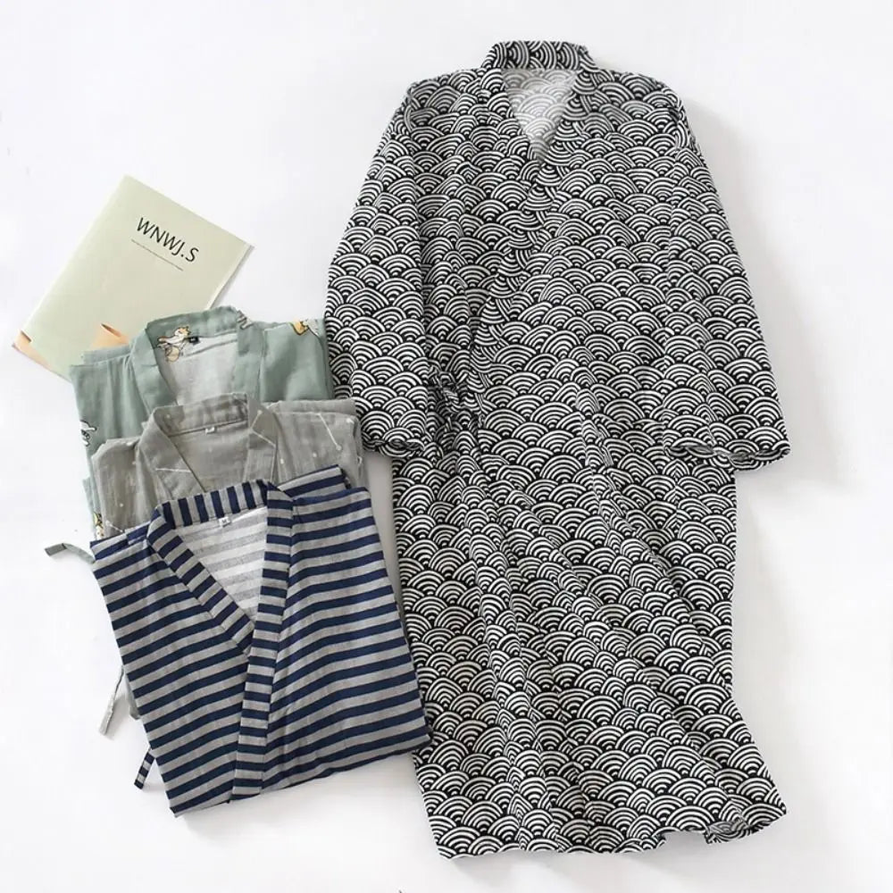 Bath Robe V-Neck Men's Kimono Bathrobe Long Sleeve Loose Kimono Pajamas Casual Thin Japanese-Style Yukata Summer