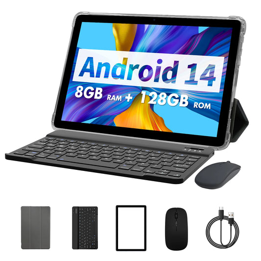 PRITOM TAB11 Android 15 Tablet 10 Zoll, 8GB(4+4 erweiterbar) RAM + 128GB ROM, Octa-Core, 5G WiFi, mit Tastatur, Maus, Hülle