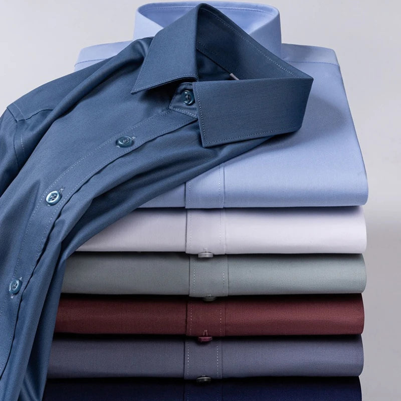 Chemise de Travail Blanche Homme en Fibre de Bambou Bleue 8XL Manches Longues Bureau Affaires Anti-rides Infroissable Décontractée