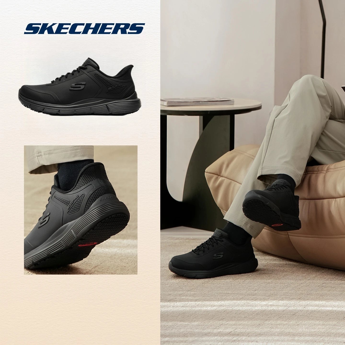 Skechers Slip-ins Chaussures pour Homme Automne Cuir Décontracté Extérieur Marche Homme Tout-aller Léger Antidérapant Doux Chaussure Noire