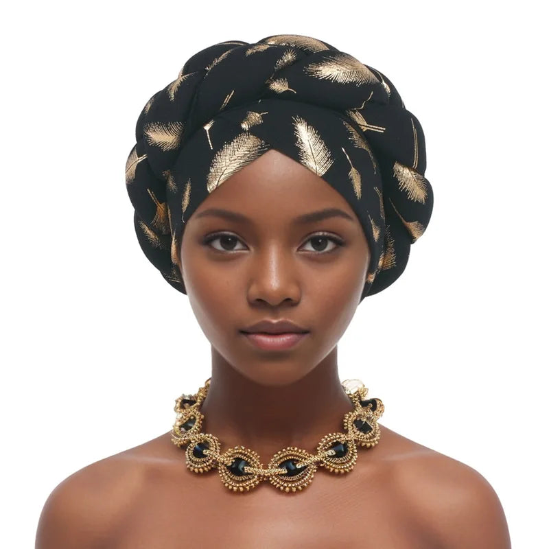 Afrikanische Bronzierung Kopfwickel Zopf Turban Kappen für Frauen Nigeria Hochzeit Geles Party Kopfbedeckung Haarteil Auto Gele Weibliche Kopfbedeckungen