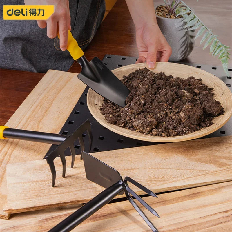 Ensembles d'outils de jardinage Deli, pelle, houe, râteau 1/3/4 pièces avec poignée revêtue de PP, outils de jardinage pour pelouse, ferme, transplantation, bonsaï