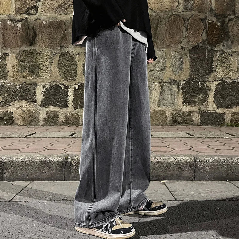 Jeans Homme Marque 2025 Version Coréenne Pantalon Décontracté Étudiant Streetwear Droit Ample Large Jean Baggy Noir Gris Bleu