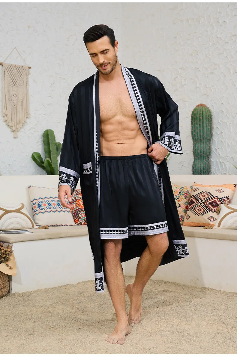 Frühling Sommer Neu Herren Schlafanzug 2-teiliges Roben-Shorts-Set Barockstil Seidensatin Kimono Bademantel Nachthemd Lose Homewear Loungewear