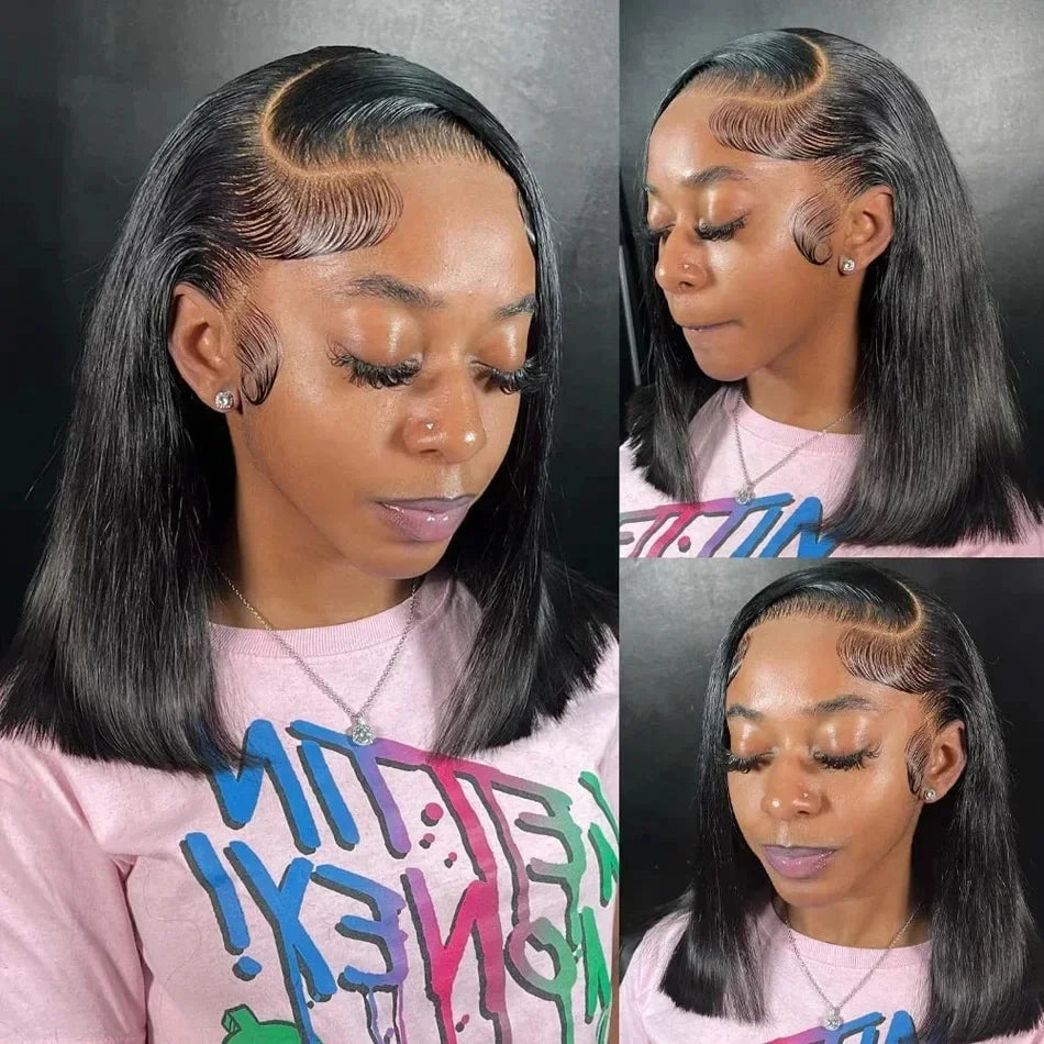 Perruques de cheveux humains brésiliens 13x4 Lace Front Bob court et lisse 4x4, densité 200%, 12 14 16 pouces