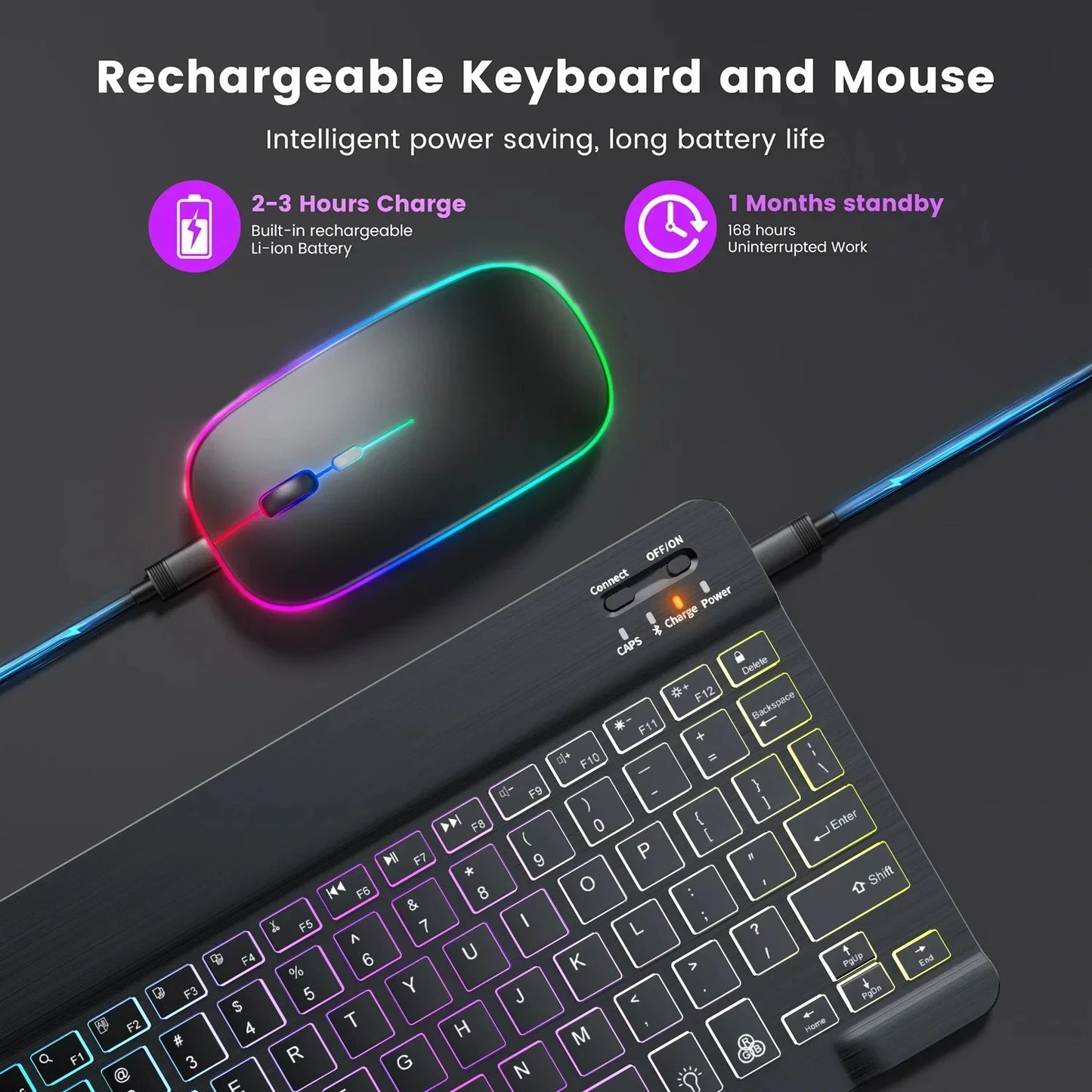 Mini RGB-Hintergrundbeleuchtungs-Tastatur 10 Zoll Bluetooth Kabellose Maus Wiederaufladbar für Spanisch Russisch Hebräisch Koreanisch Französisch Arabisch Portugiesisch