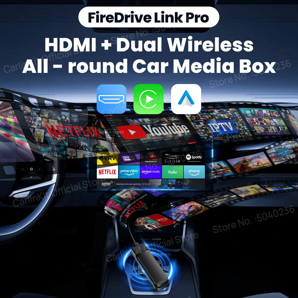 Adaptateur sans fil 3-en-1 CarlinKit FireDrive Link Pro Wireless Android Auto CarPlay HDMI Pour Fire TV Stick Lite/Max/HD Lire des vidéos