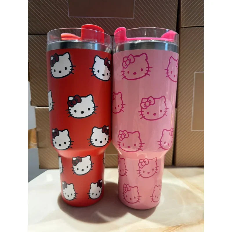 Kawaii Hello Kitty 40oz Edelstahl Vakuumtasse Anime mit Griff Strohhalm Tasse Kaffeetasse mit Verpackungsbox Schnelle Lieferung