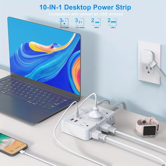 Universal-Steckdosenleiste US-Stecker mit 6 AC-Anschlüssen 4 USB-C/A Ladeports 1,5 m Verlängerungskabel Desktop Wand Erdungs-Steckdose