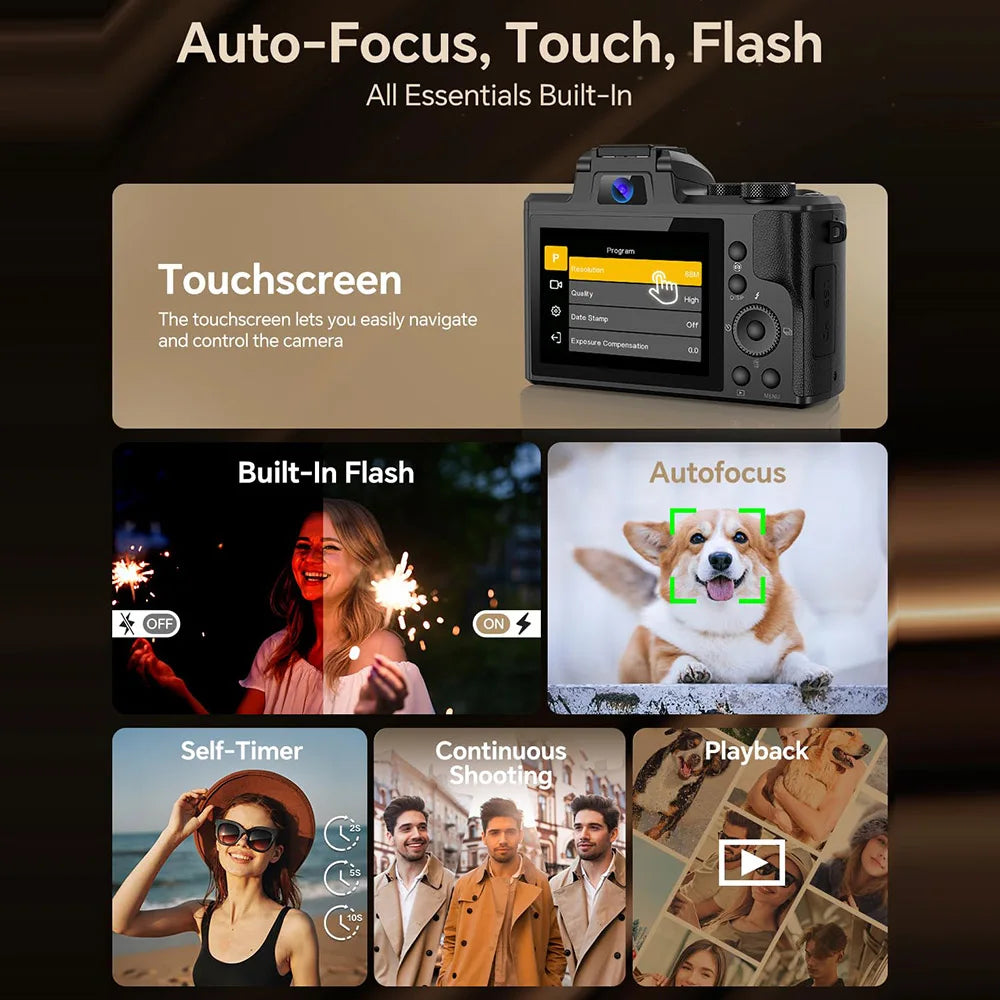 8K Digitalkamera für Fotografie Autofokus WiFi 88MP Vlogging-Kamera mit Dual-Objektiv 16X Digitalzoom Touchscreen Reisekamera
