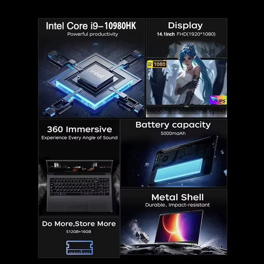 Ultradünner 14,1" Windows 11 Laptop Computer Intel Core i9 10980HK Gamer Laptop 16GB RAM 1TB SSD Laptops 1920*1080P Notebook PC