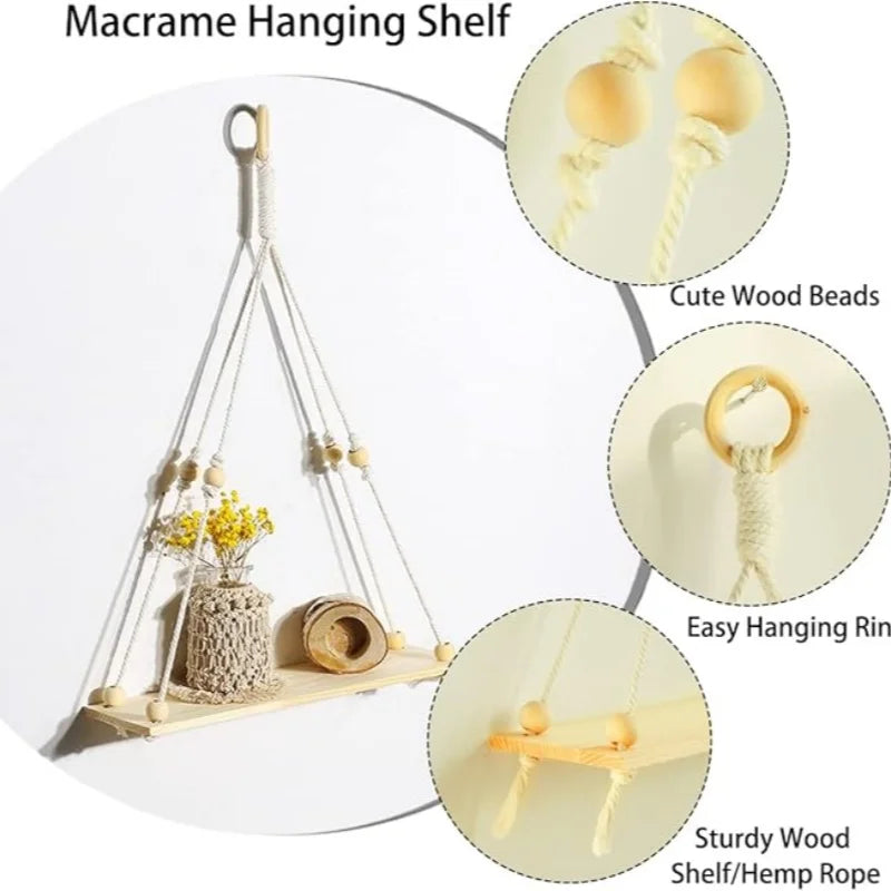 Makramee Wandregal, schwebendes Wandregal, Boho-Wohndekor, Wandregale, Holzdekoration für Schlafzimmer, Wohnzimmer, Kinderzimmer, Geschenk