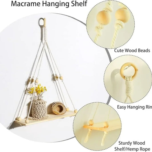 Makramee Wandregal, schwebendes Wandregal, Boho-Wohndekor, Wandregale, Holzdekoration für Schlafzimmer, Wohnzimmer, Kinderzimmer, Geschenk