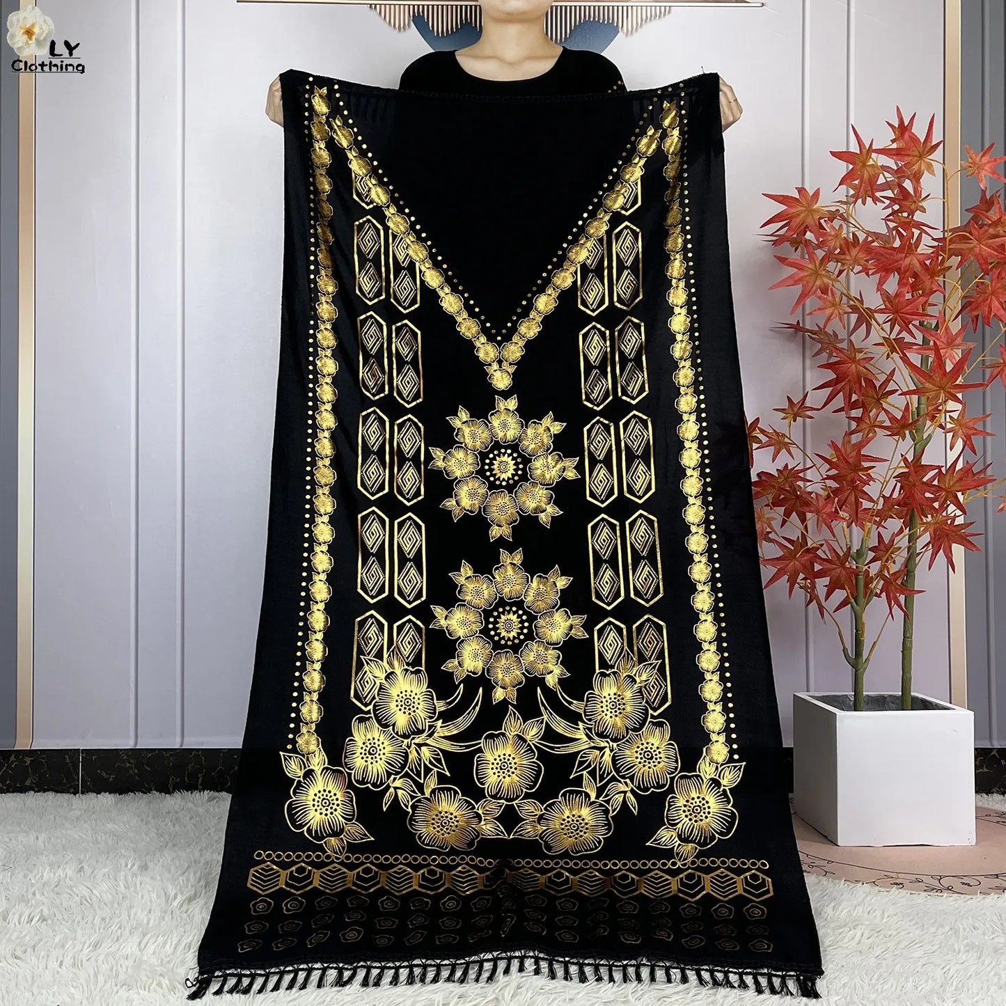 Neues Sommer-Kurzarm-Kleid aus Baumwolle für Damen mit großem Schal Goldprägung Boubou Maxi Islam Damen Afrikanische Abaya Kleidung