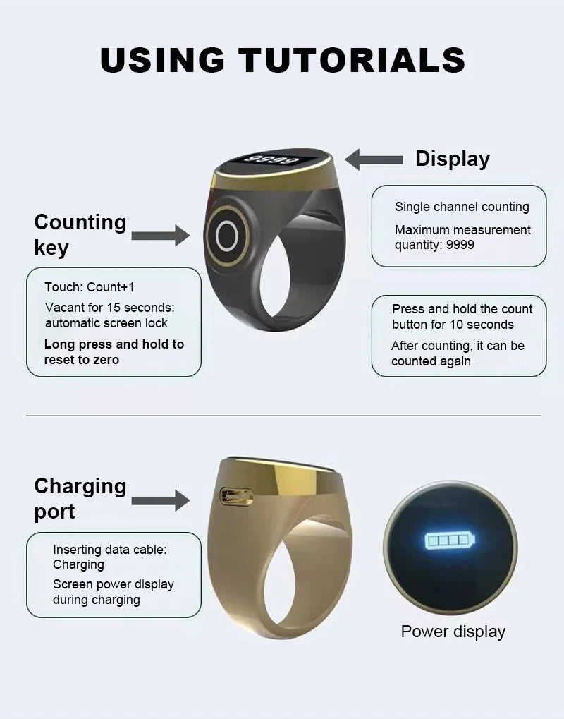 Smart Tasbih Tally Digital Counter for Muslims Tasbeeh Zikr Ring 5 Prayer Time Vibration Reminder Waterproof