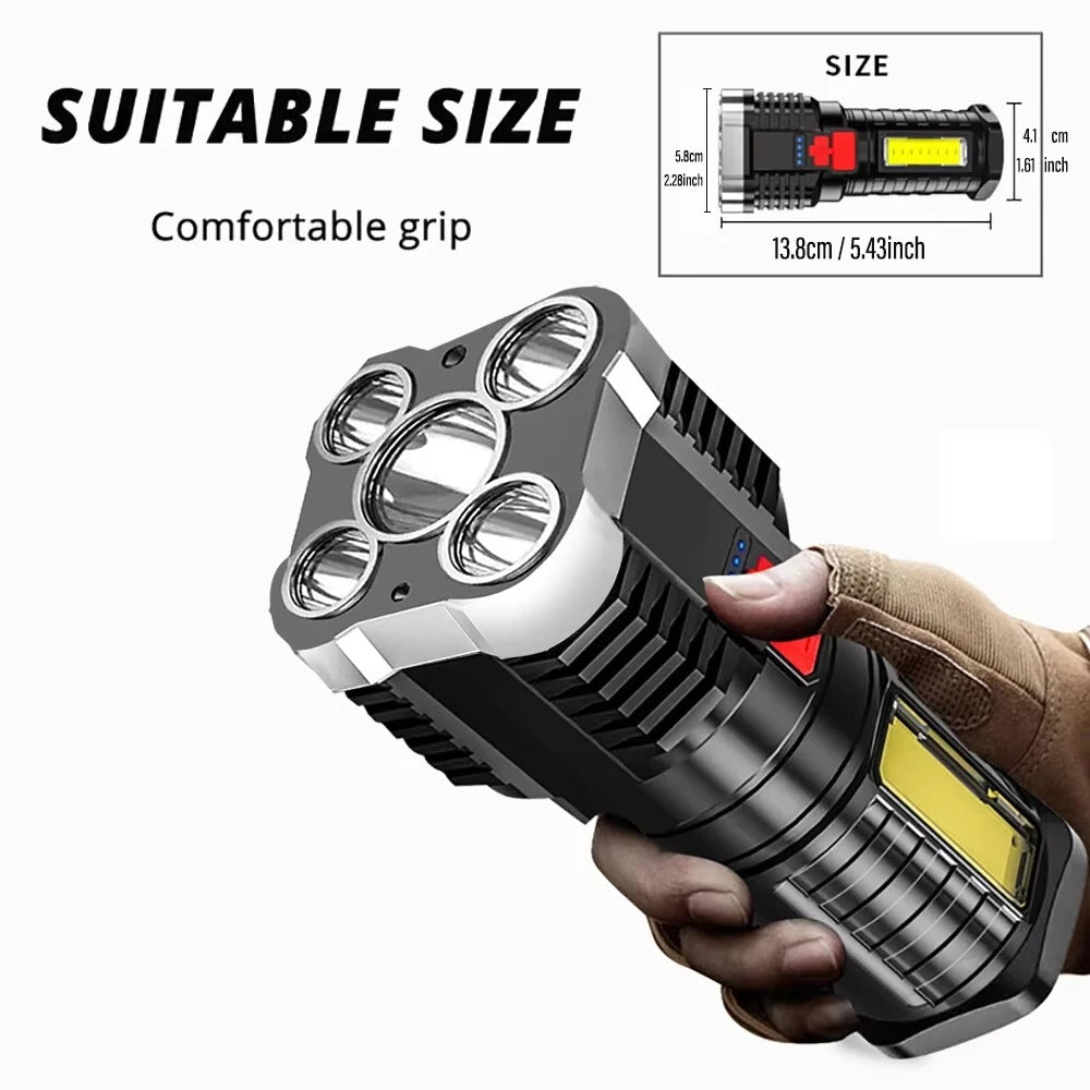 Lampe de Poche LED Haute Puissance 5 LED, Projecteur de Camping Rechargeable avec Lumière Latérale 3 Modes d'Éclairage pour Aventure en Camping en Plein Air