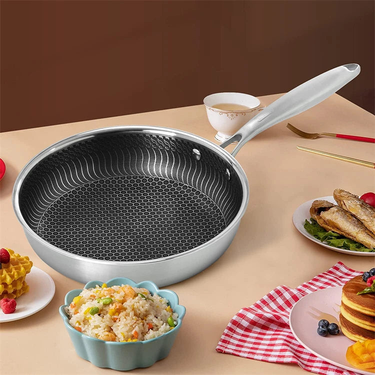 LMETJMA Poêle à frire en acier inoxydable antiadhésive alvéolée avec couvercle compatible avec les tables de cuisson à induction, vitrocéramiques et à gaz KC0480