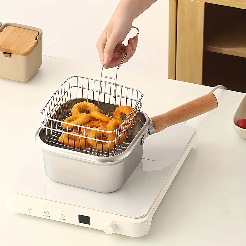 Edelstahlfritteuse für Pommes Frites und Hähnchenflügel, Induktion/Herd-kompatibler Topf, Haushalts-Kleinstölkanne mit Filtersieb