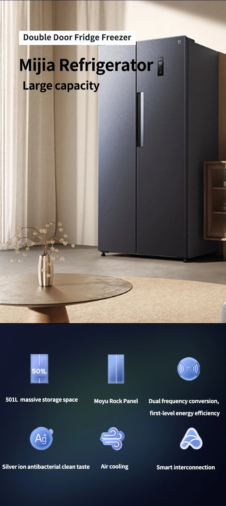 501L Side-by-Side Refrigerator - Smart 2-Door Fridge with App Control (36dB Ultra-Quiet Operation, Energy Saving）