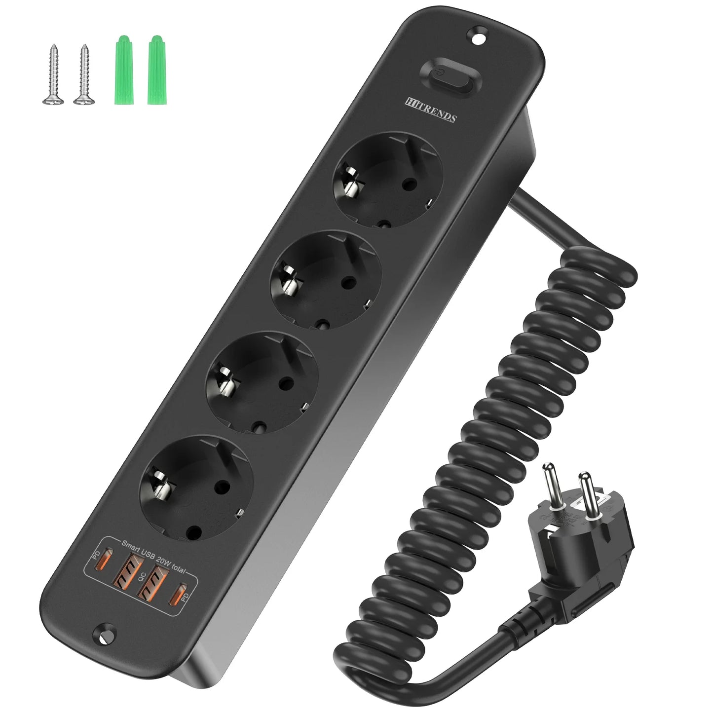 EU-Steckdosenleiste für den Schreibtisch, 3/4-fach + 4 USB-Smart-Schnellladeports, Hauptschalter, 2 Meter Feder-Verlängerungskabel