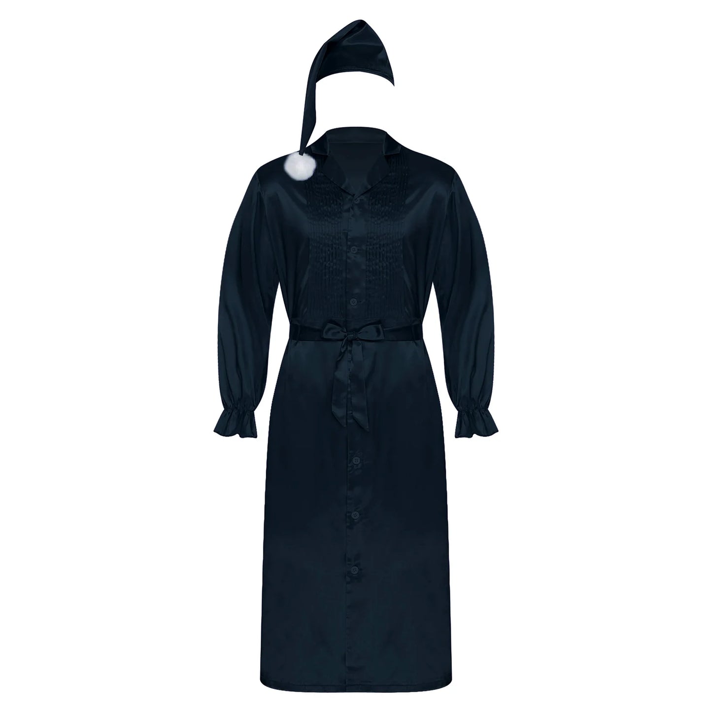 Herren Sissy Pyjama Satin-Nachtwäsche Nachthemd mit Schlafhaube Langarm Rüschenmanschetten Plissierter Brustumhang mit Gürtel Vintage