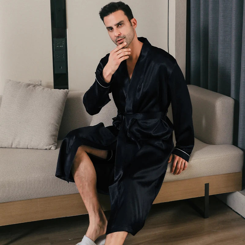 Pyjama homme printemps et automne, style soie fine, grande taille, pyjama à manches longues, peignoir en soie glacée, vêtements d'intérieur été