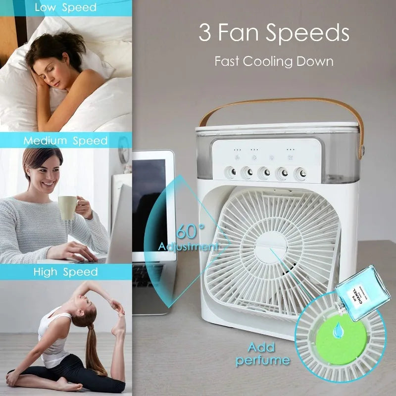 Ventilateur de refroidissement portable 3 en 1 avec humidificateur de climatiseur USB Mini et veilleuse, adapté à un usage domestique et de bureau