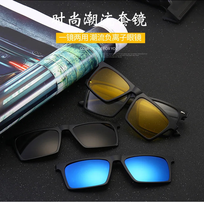6 In 1 Polarized Sunglasses Men Women Magnetic Clip On Glasses TR90 Optical Prescription Eyeglass Frames Magnet Clips